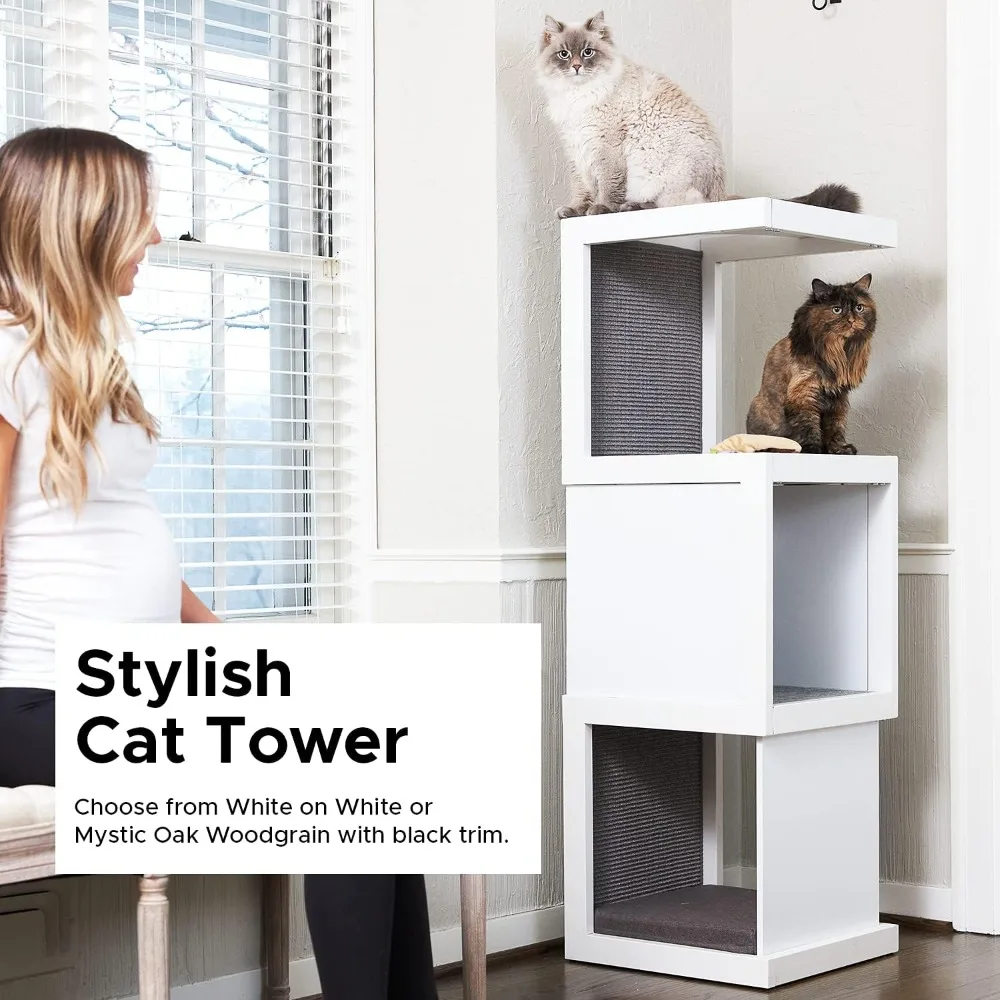 Cat Tower with vegetable dyed sisal scratch column, 3 climbing holes, soft felt pad, cat bed; Indoor Cat Tower