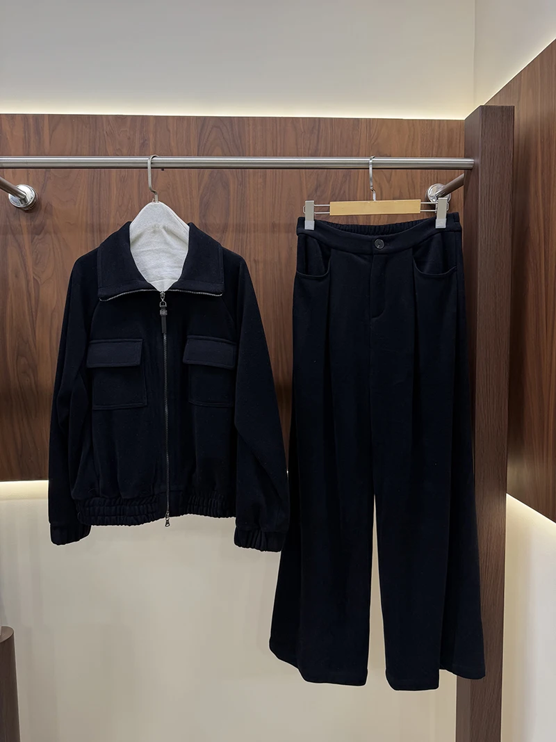 Collared Zip Cargo Jacket & High Waist Wide Leg Pants Two-Piece Casual Set for Women