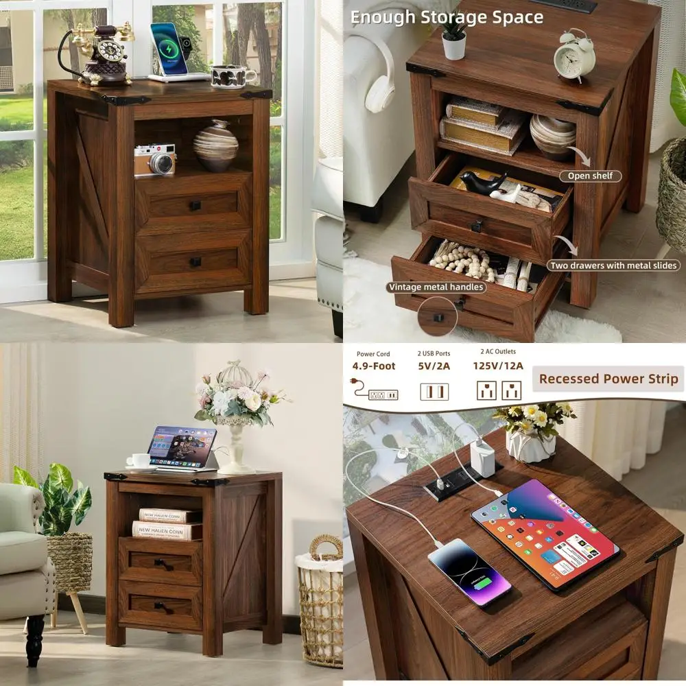 rustic farmhouse nightstand with charging station and usb port, side end table with drawers and open shelf, wooden sofa table