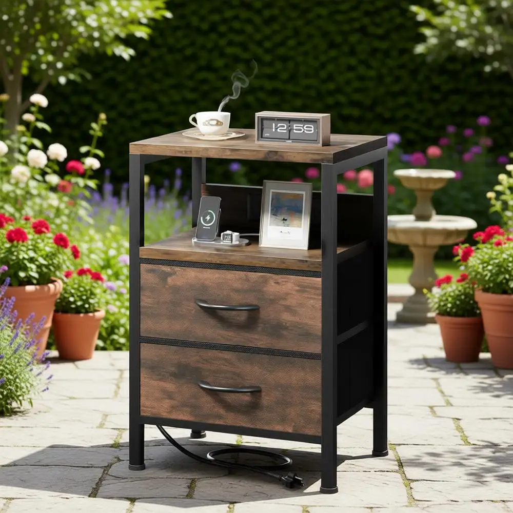 

Brown Charging Nightstand with Fabric Drawers and USB-C Port for Bedroom, Dorm, or Living Room
