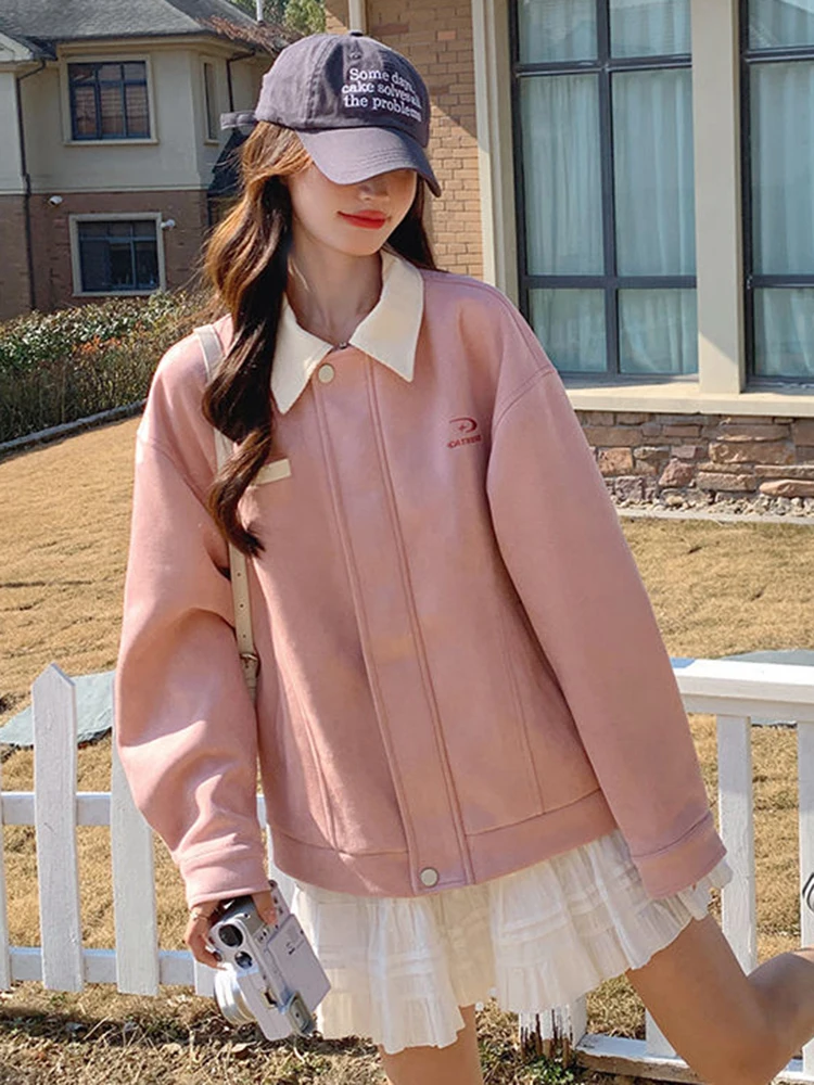 Zoki Chic Pink Sweet Jackets Women Casual Preppy Style Faux Suede Coats Korean Fashion Long Sleeve Letter Elegant Lady Tops New