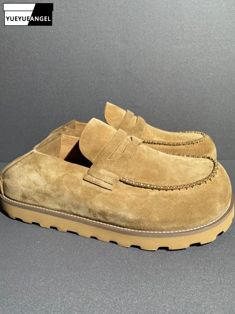 

Vintage Mens Round Toe Thick Platform Slip On Loafers Male Genuine Leather Casual Shoes Breathable Business Casual Driving Shoes
