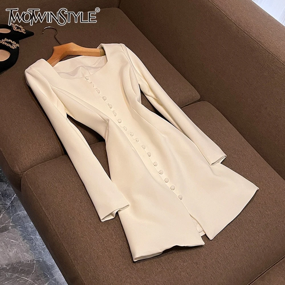TWOTWINSTYLE Slimming Elegant Solid Short Dresses For Women Square Collar Long Sleeve High Waist Sweet Dress Female KDR555579