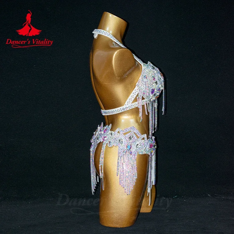 Traje de actuación de danza del vientre para mujer, conjunto de sujetador y cinturón de piedras AB para adultos y niños, Oriental, 2 piezas
