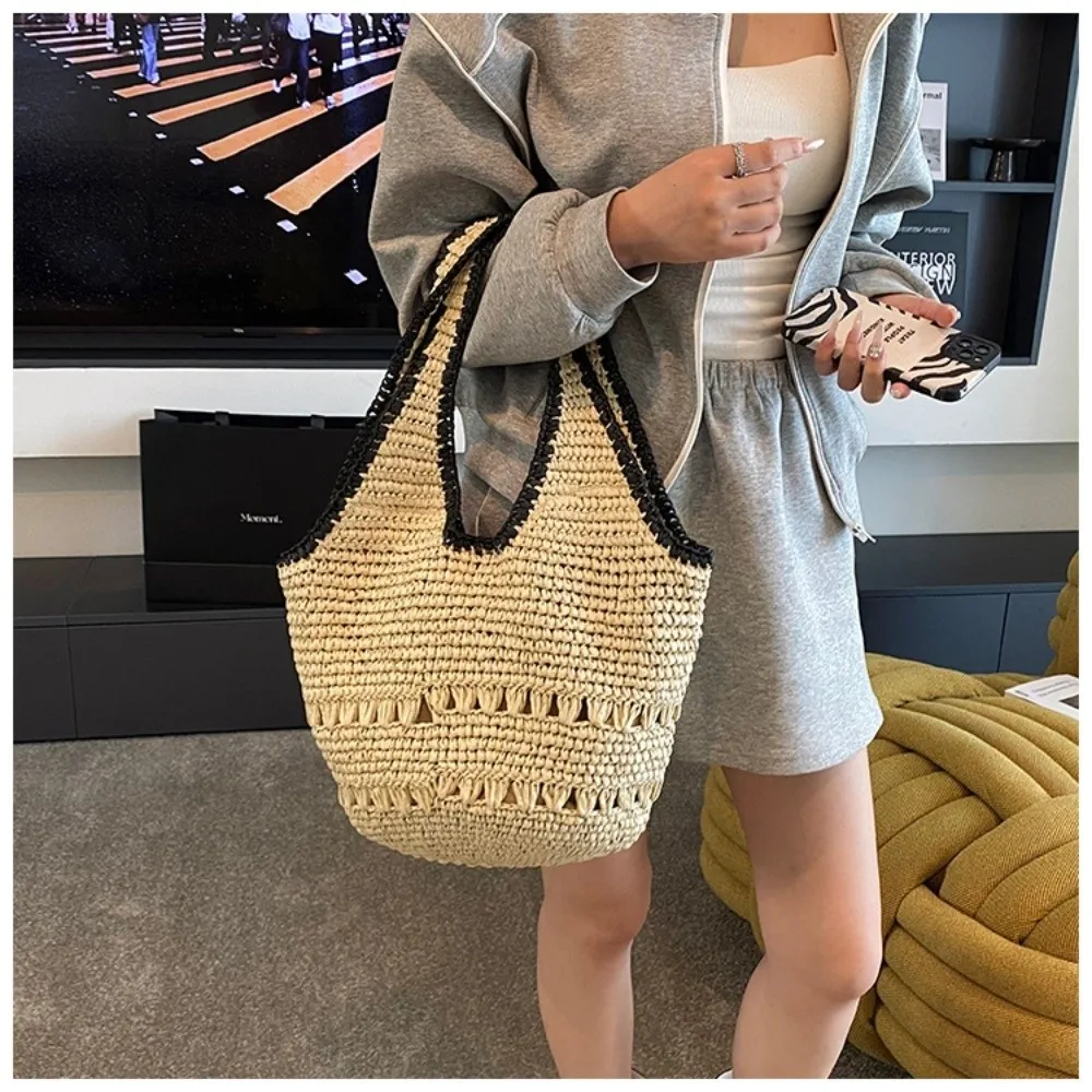 

Casual Boho Straw Woven Tote Bag Large Capacity Handheld Hollow Woven Shoulder Bag Braided Design Solid Color Bucket Bag Travel