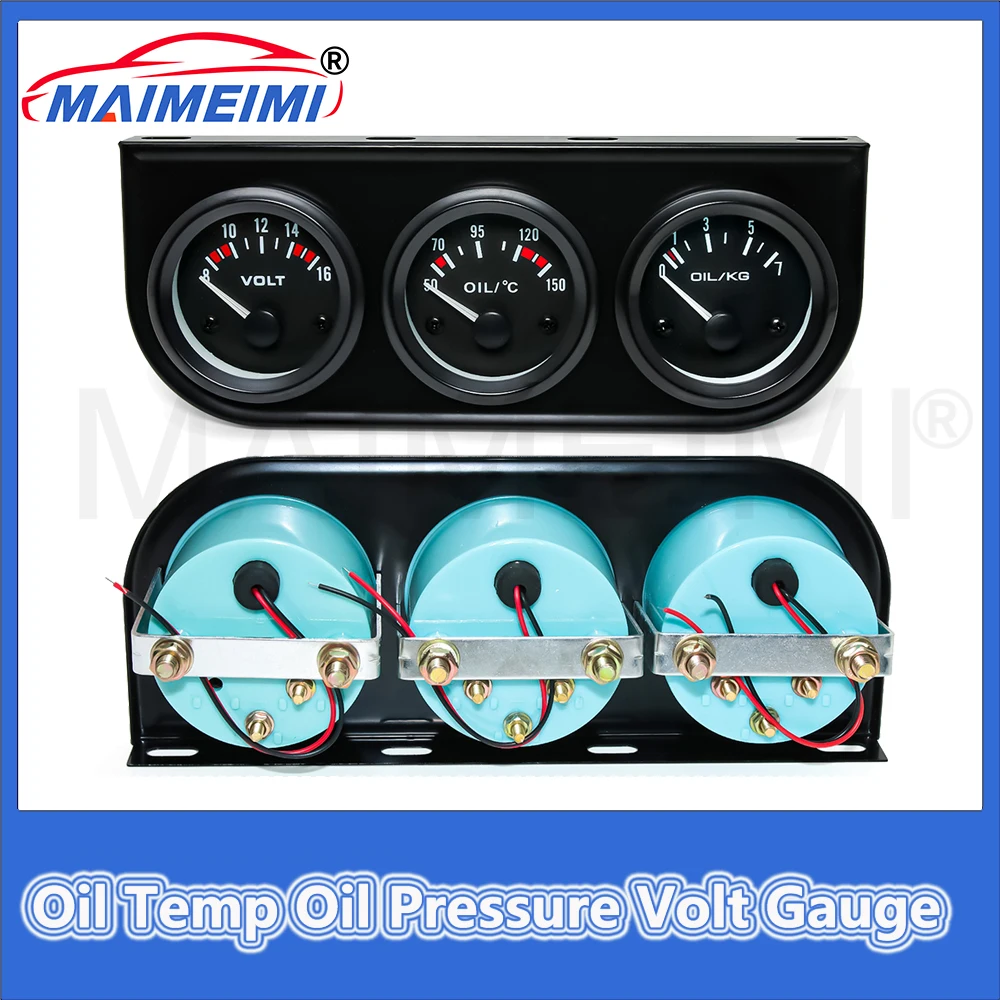 

52mm 3 in 1 Triple Gauge Kit Oil Temp Oil Pressure Volt Gauge Black Face With Oil Temp&Pressure Sensor