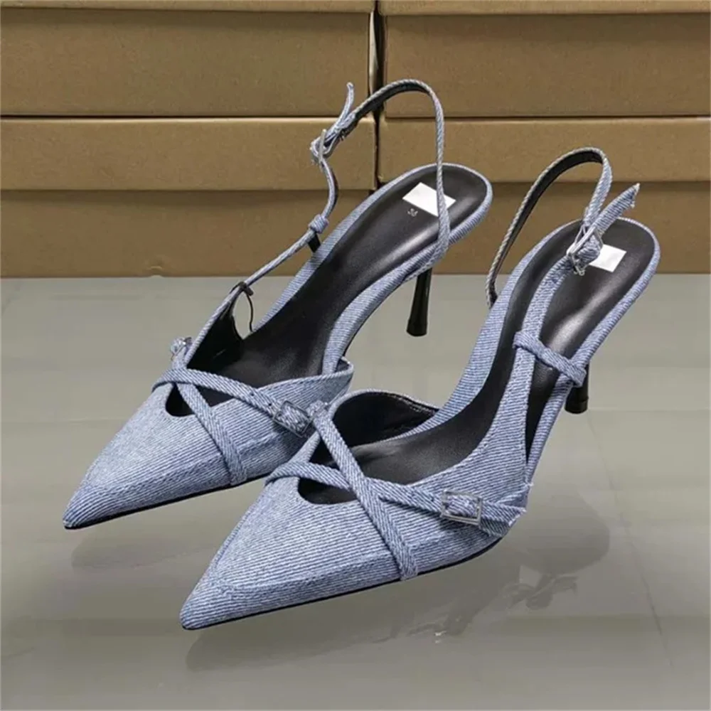 

TRAF Woman Blue Denim High Heeled Shoes 2024 Autumn Fashion Street Pointed Slingback Heels Female Sexy Party Cross Straps Pumps