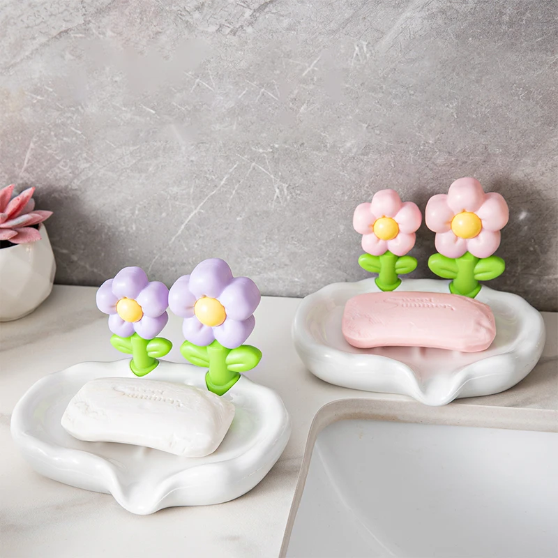 Plastic Cute Flower Soap Dish, Drain Soap Tray, Self Draining Soap Holder, Soap Storage Rack For Bathroom Accessories