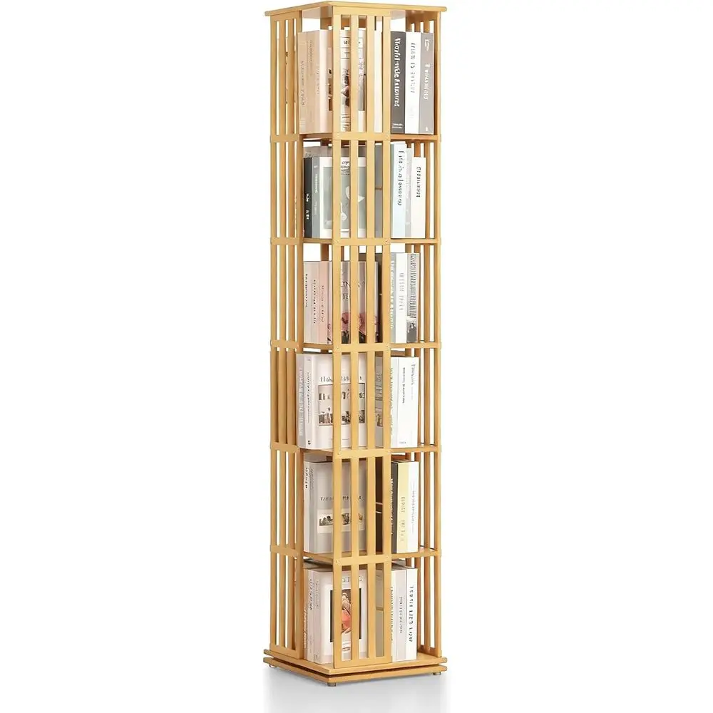 

6-Tier Rotating Bamboo Bookshelf - 360° Open Storage Rack for Living Room, Bedroom, or Office, Natural Finish