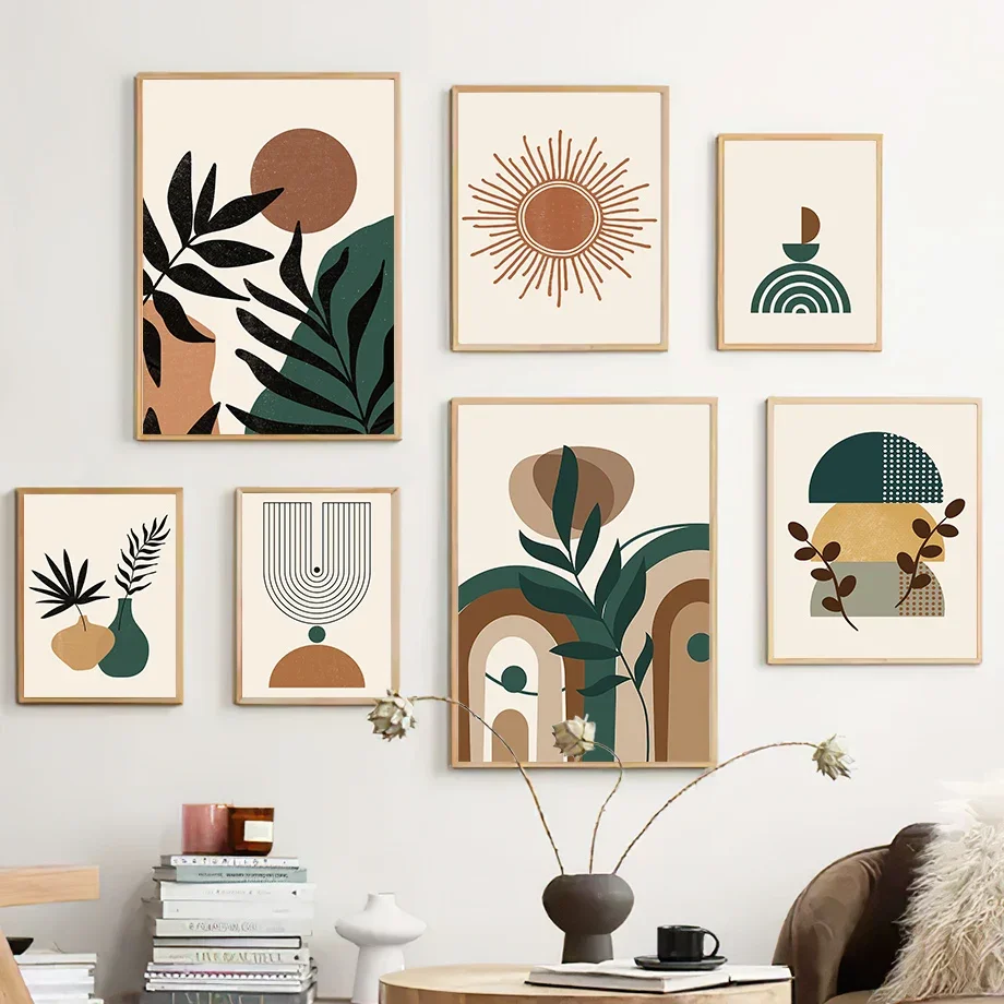 Boho Leaf Rainbow Sun Vase Geometry Abstract Poster Wall Art Canvas Painting Posters Prints Wall Pictures for Living Room Dec