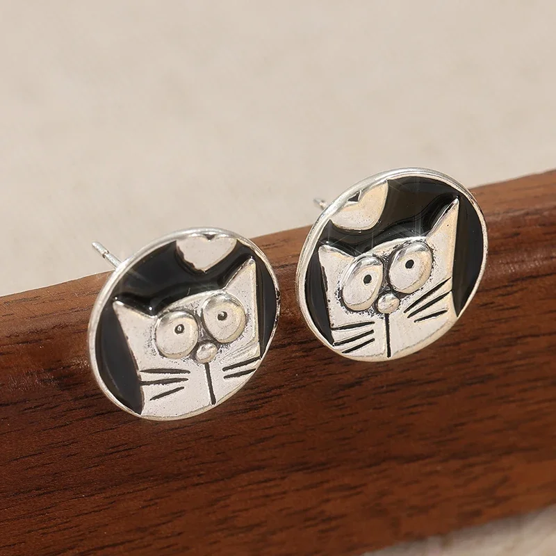 Fashion Silver Color Small Stud Earrings For Women Cute Cat Pattern Earrings Woman Daily Commute Trendy Jewelry