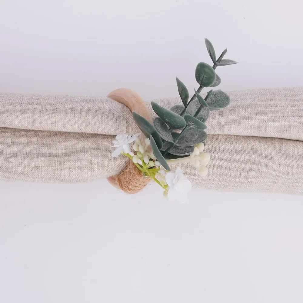 Greenery Leaf Napkin Rings Set of 6 - Boho Eucalyptus Napkins Rings for Wedding Table Decor, Rustic Flower Napkin Ring for Farmh