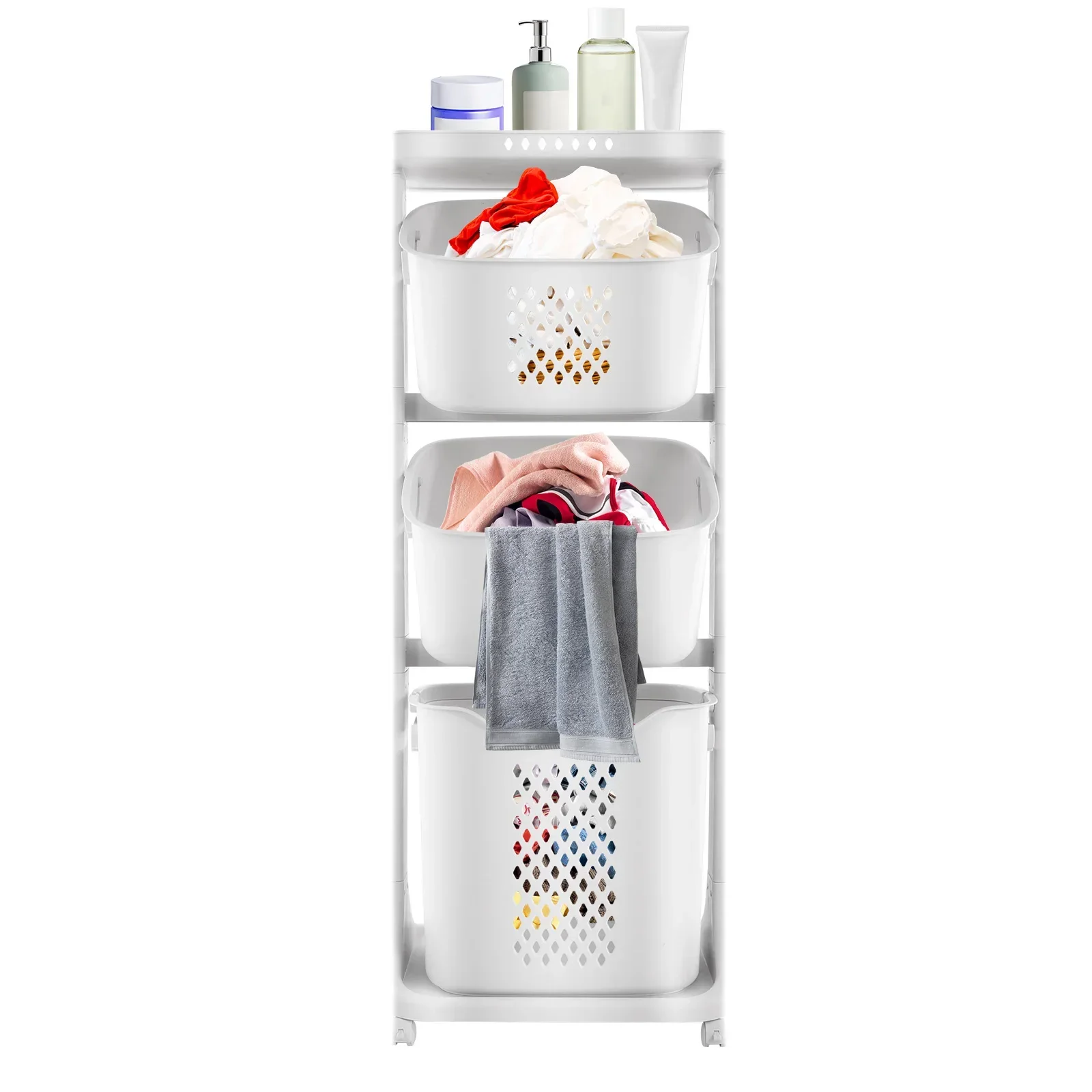 

White Laundry Baskets 3 Tier Rolling Laundry Hamper Cart with Wheels and Portable Storage Baskets Clothes Laundry Basket