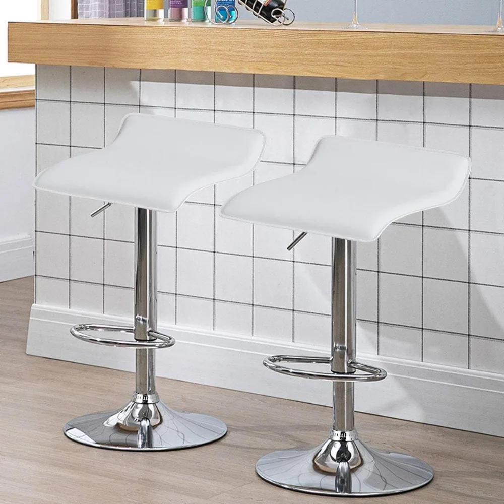 Modern Swivel Bar Stools Set of 2, Adjustable Height with Footrests, Chrome Steel Base for Kitchen Island Cafe Pub in White