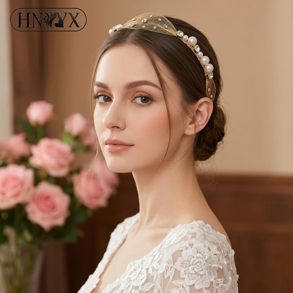 YouLaPan Handmade Mesh Headband Gold Color Women Hair Hoop Pearl Rhinestone Hair Accessory Daily Dating Wedding Headwear A432