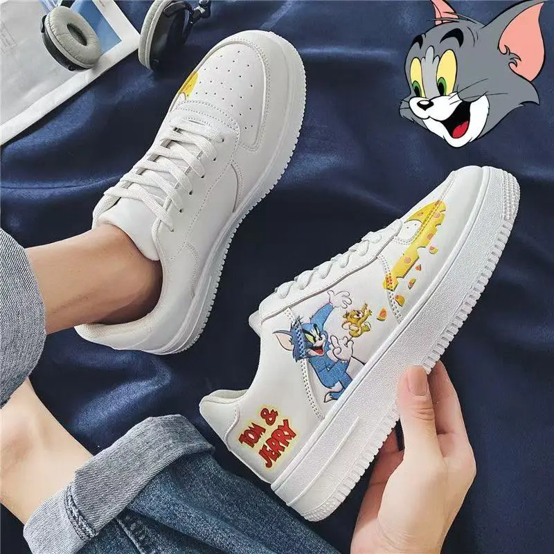 Chaussures en toile blanche chat et souris Tom et caution pour hommes et femmes, tableau peint à la main, polyvalentes, étudiants, dessin animé, nouveau, printemps, 2025