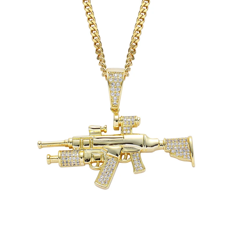 Hip Hop AAA Cubic Zirconia Paved Bling Iced Out CSGO CS GO AK47 AK 47 Gun Pendants Necklace for Men Jewelry Gold Color