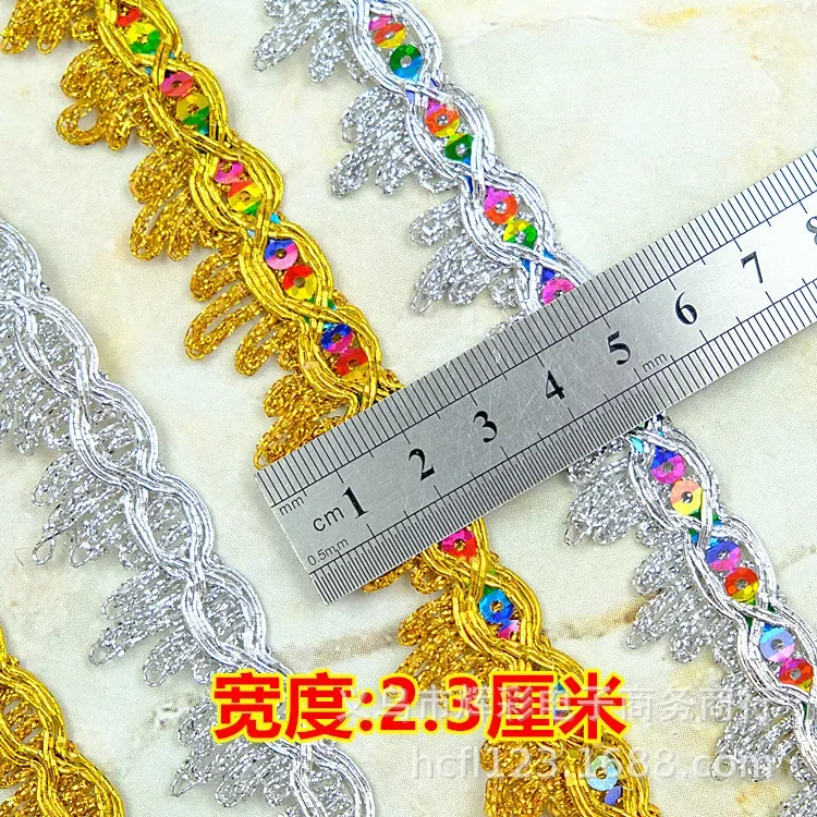 13 Meters Sequined Woven Straps Lace Gold and Silver Mountain Lace Dance Clothing Accessories Beaded Decorative Edge 2.3cm Wide