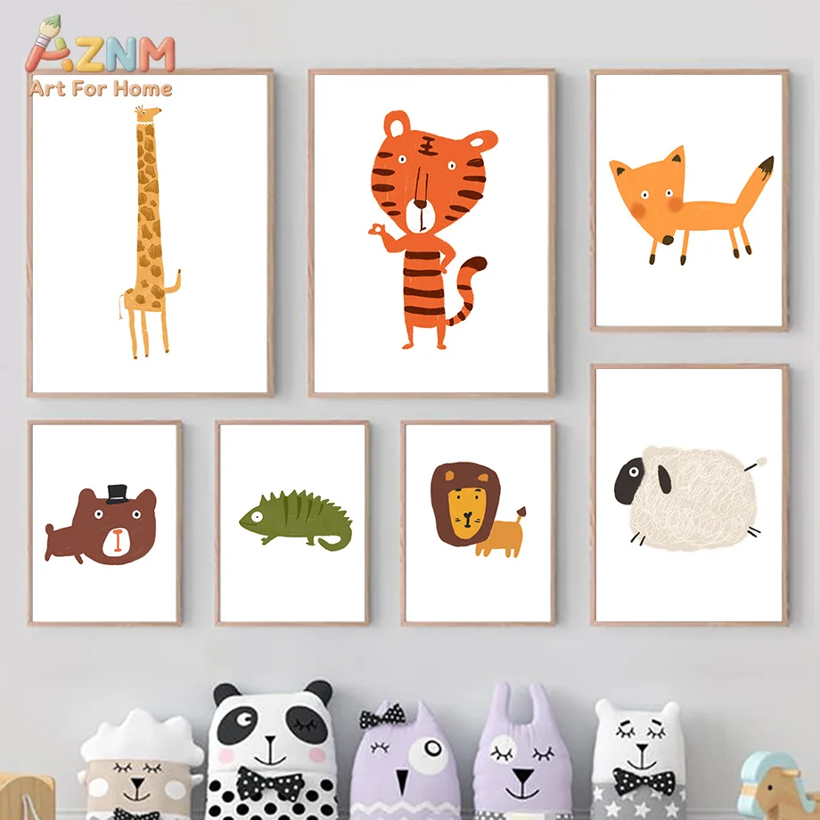 AZNM Cartoon Giraffe Sheep Tiger Fox Animal Canvas Poster, Frameless Cute Minimal Wall Art For Kids Nursery Playroom Toddler Bed