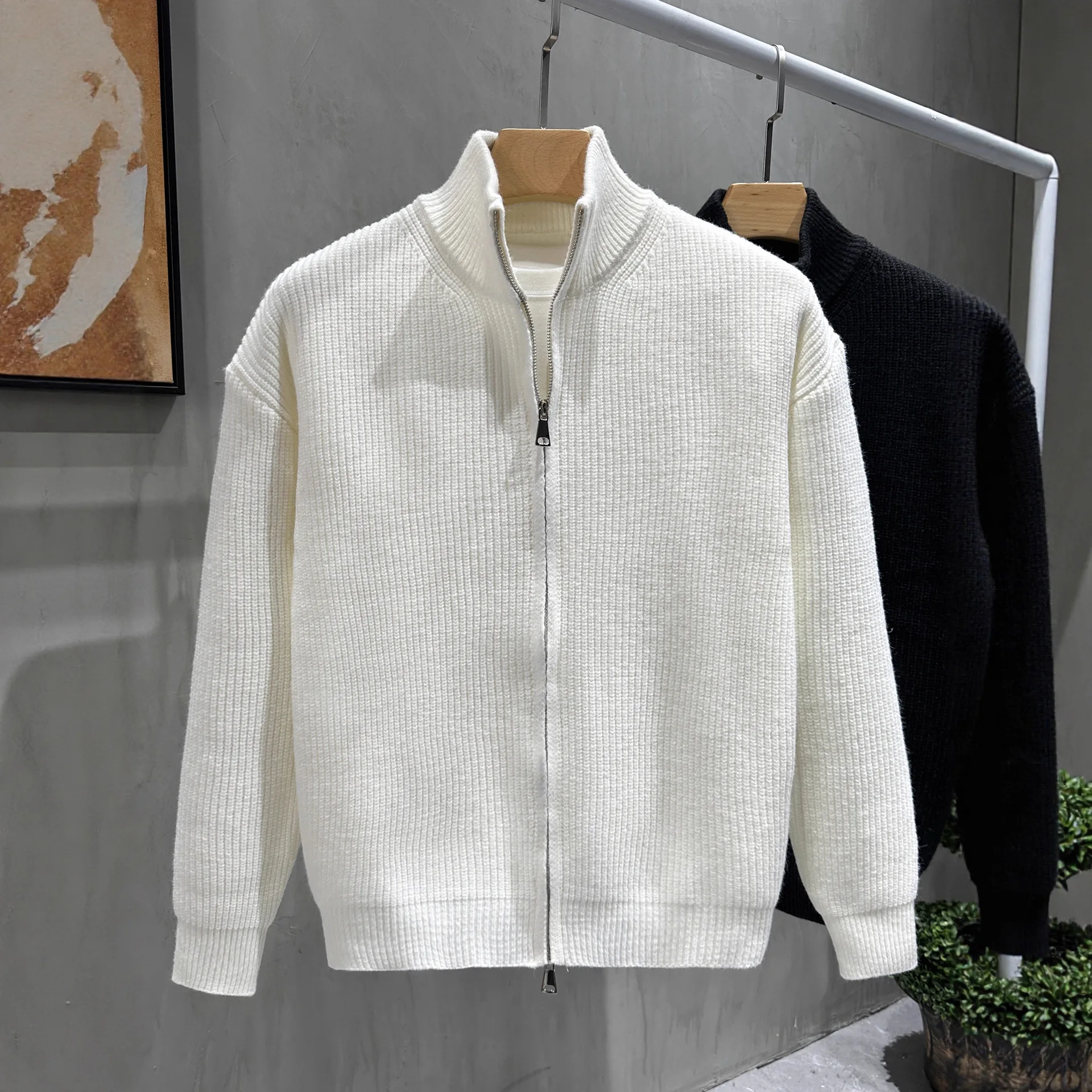 سستة الجبهة لون نقي هوديي Jaet الرجال محبوك سترة الوقوف طوق شبه عالية طوق سترة عادية Sle ألياف البوليستر