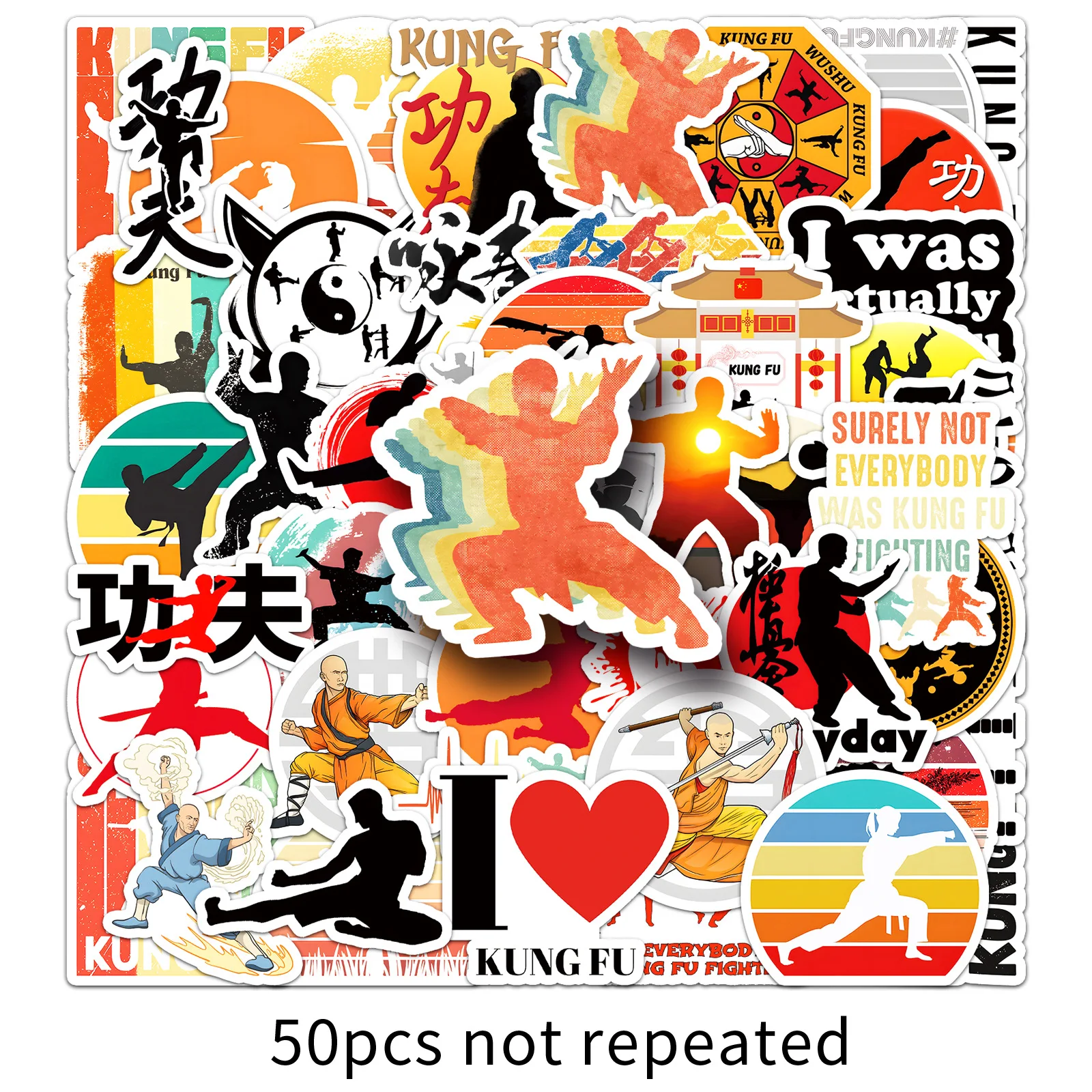 สติกเกอร์ลายการเคลื่อนไหวกังฟูเทควันโดจีน 10/50 ชิ้น สำหรับตกแต่งสโนว์บอร์ด แล็ปท็อป กระเป๋าเดินทาง ลายการ์ตูนกราฟฟิตี้