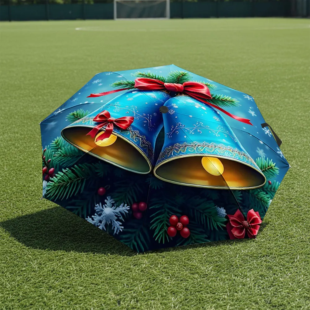 1P C Holiday Bell Umbrella in Front of Iconic Building Print 8 Iron Ribs Folding Umbrella Auto-Open Fashion Sunshade