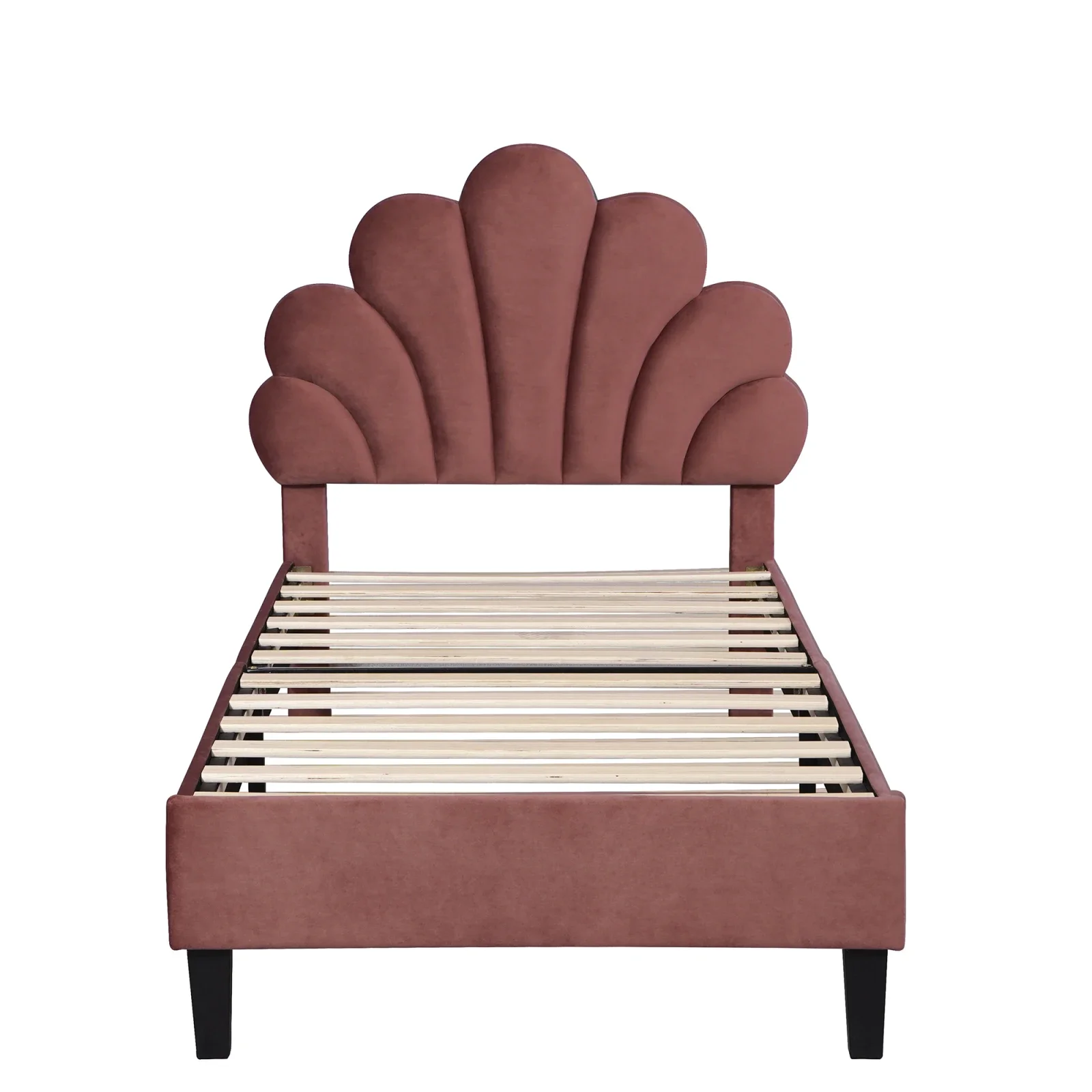 Rosahqnda eenpersoonsbed, kinderbedframe, gestoffeerd bed met bloemenhoofdeinde, beige/rood fluweel voor meisjeskamer, 90x200 cm