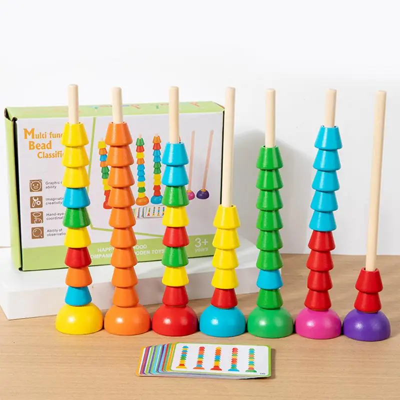 Montessori Wooden Toy Colorful Bead Color Sorting Cognitive Puzzle Game Funny Counting Matching Game Early Educational Toys