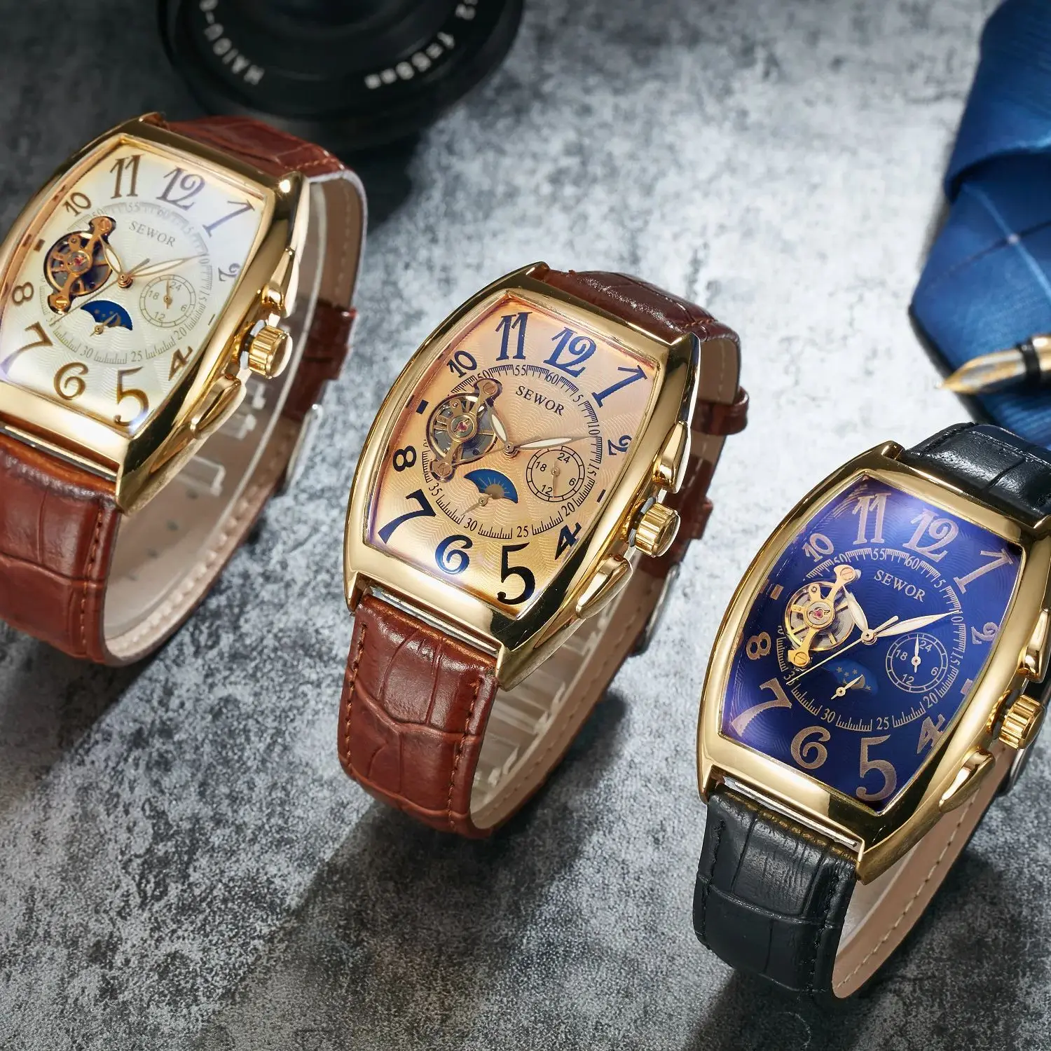 Reloj de moda para hombre, Tourbillon luminoso en forma de barril de vino, movimiento mecánico completamente automático, reloj automático