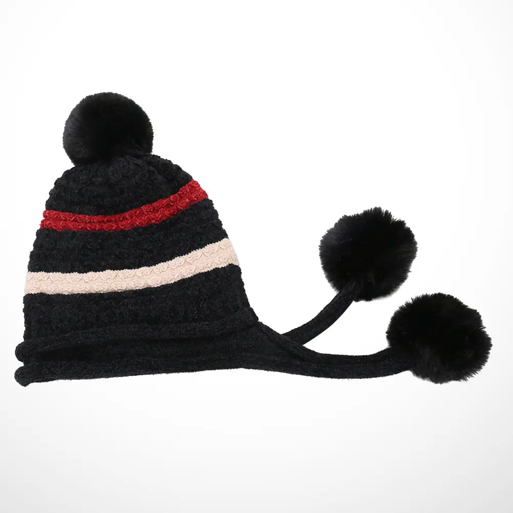 Gorro de lana tejido cálido para mujer, decorado con pompón, gorro de invierno adecuado para esquiar, patinar sobre hielo, hacer senderismo en clima frío, color negro