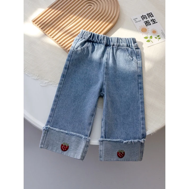 

Girls' Strawberry Embroidered Jeans Spring Trendy Stitching Wide-Leg Pants Baby Trend All-Match Loose Casual Pants Trendy Tianxb