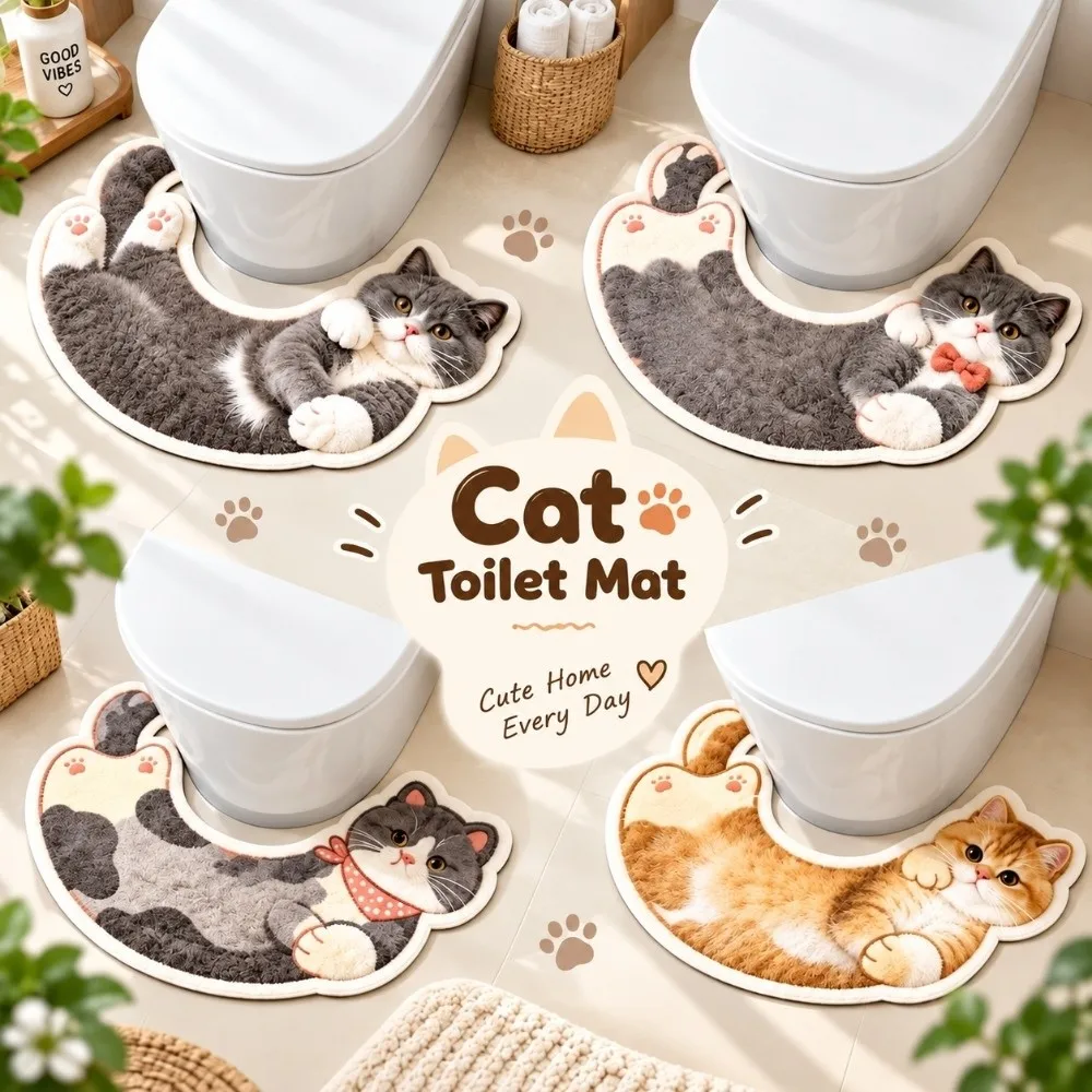 Decorative Cartoon Pattern U-Shaped Bathroom Rug U-Shaped Splash Proof Cat Pattern Rug Non-Slip Curved Toilet Rug Toilet Base