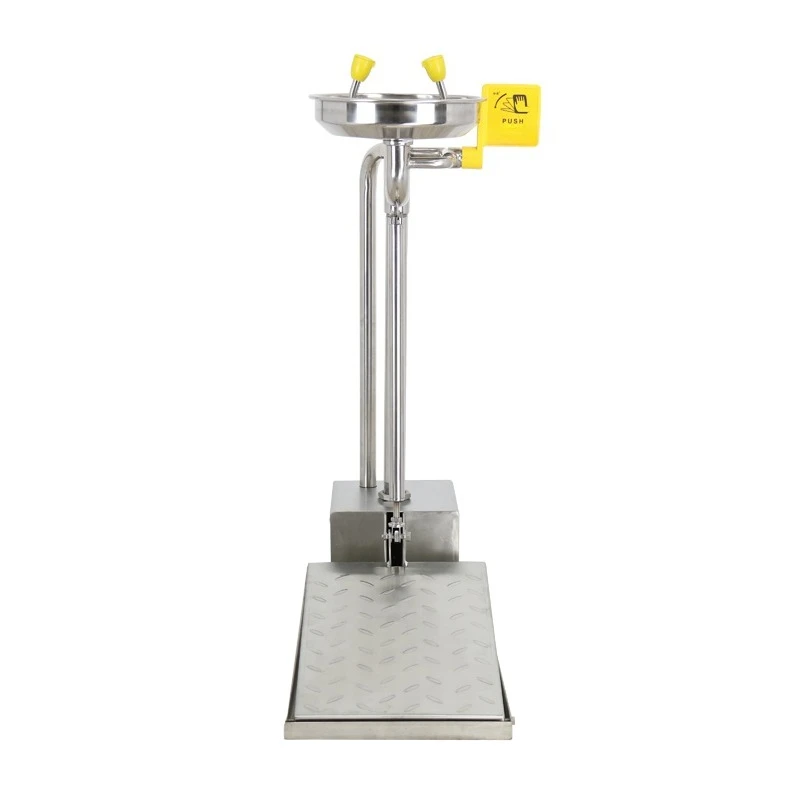 Vertical automatic evacuation and antifreeze eye wash; floor-to-ceiling vertical eye wash with foot pedal
