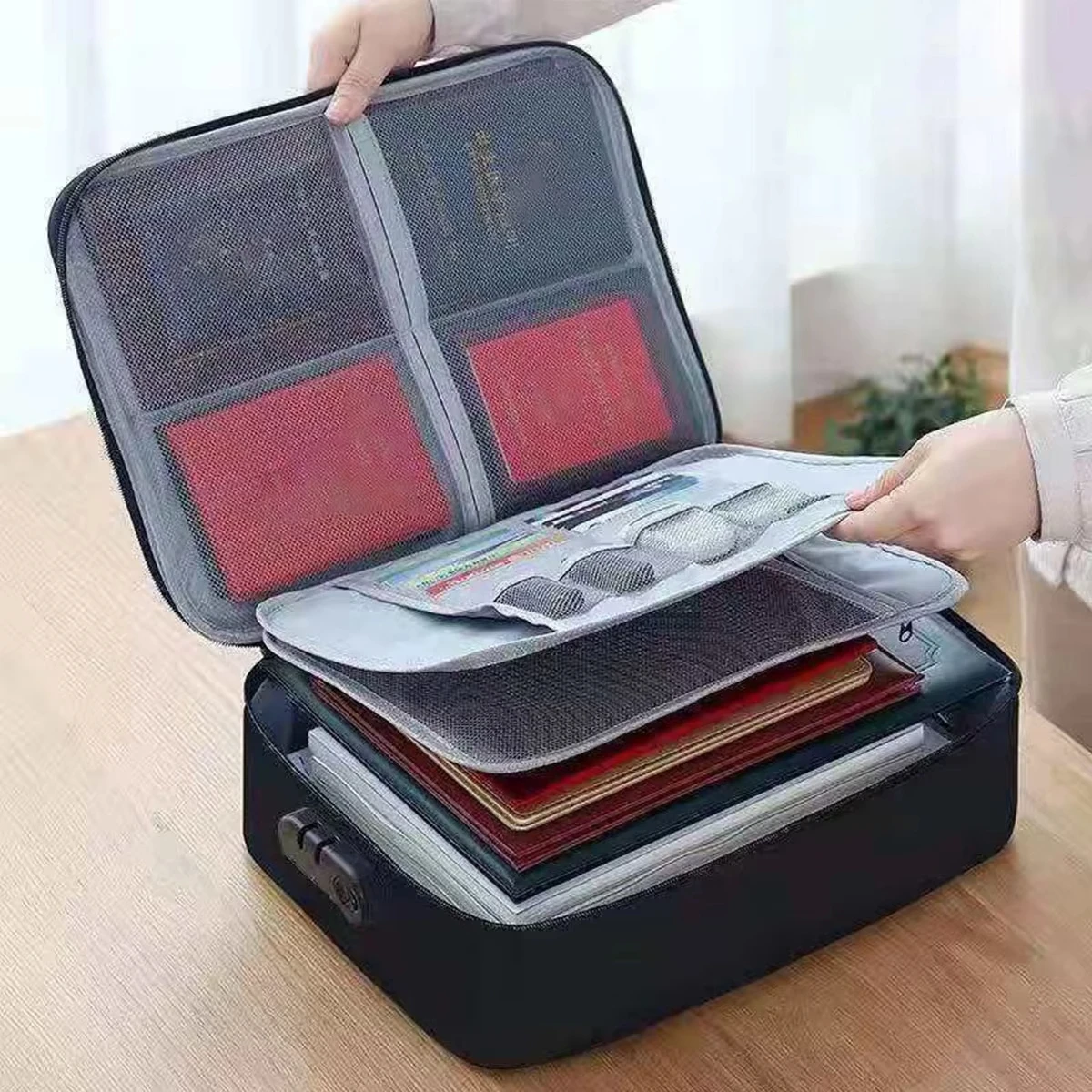 3 layer file organizer, briefcase folder, wallet, passport, home safe, function, file storage box with lock