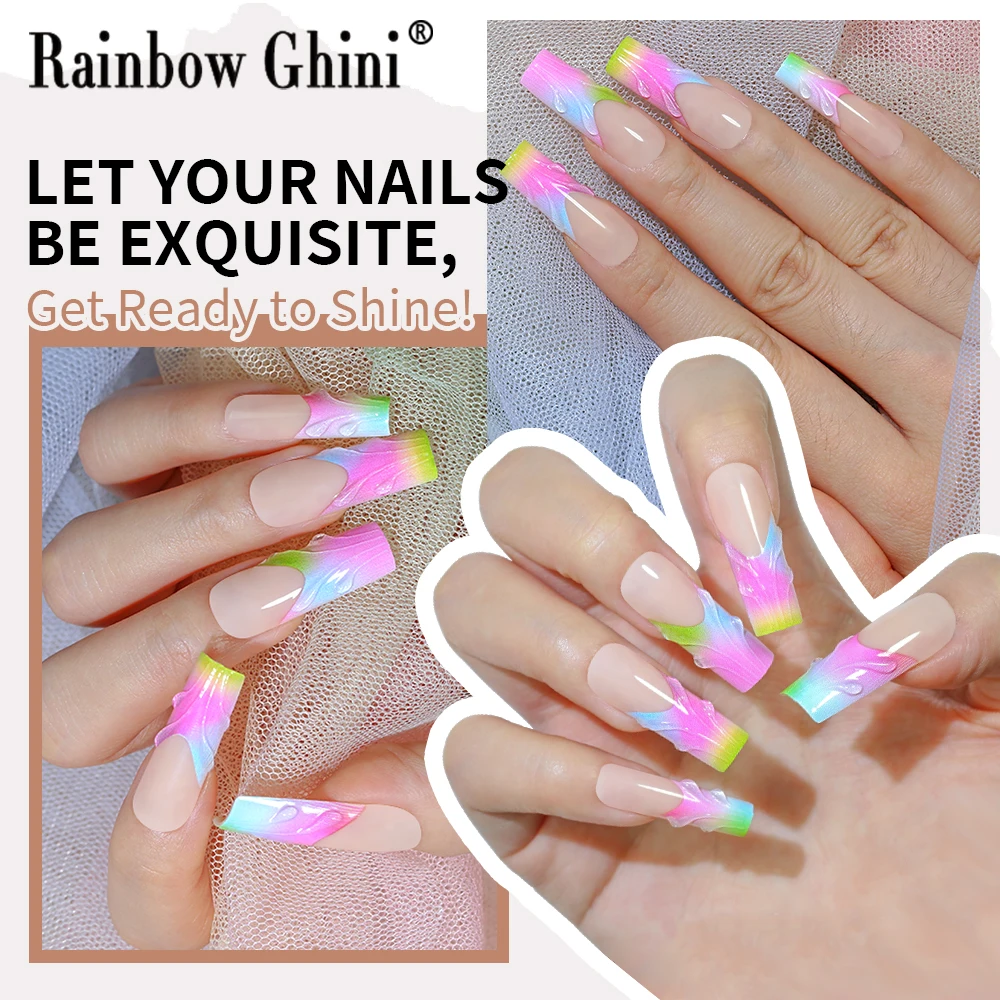 24 pièces/lot longs 3D colorés presse sur ongles alternatifs dégradé Kawaii Y2K ongles de plage adhésif réutilisable faux ongles faits à la main conseils