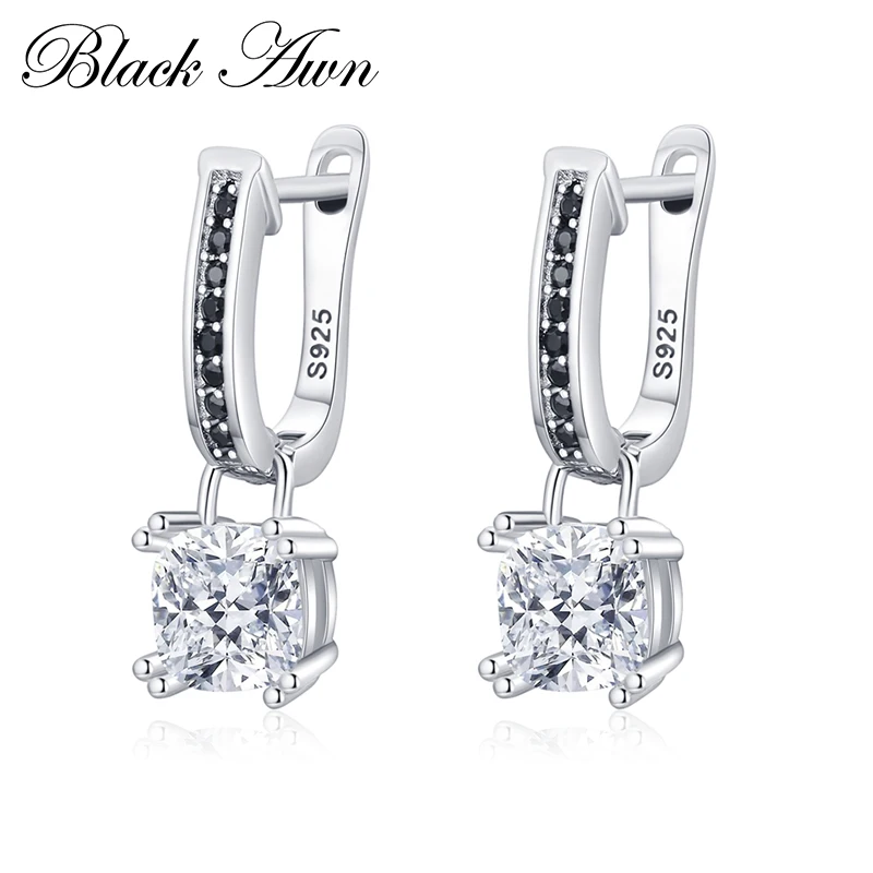 Black Awn Hoop Earrings for Women Classic Silver Color Trendy Spinel Engagement Fashion Jewelry