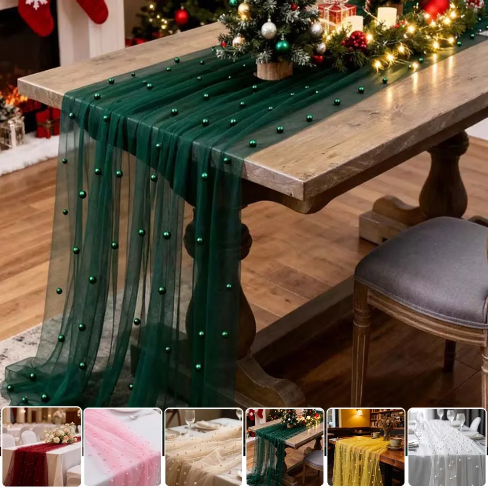 

Elegant Pearl Tulle Table Runner Wedding Pearl Chiffon Decorative Lace Tablecloth for Birthday Party Supplies Tischläufer 테이블러너