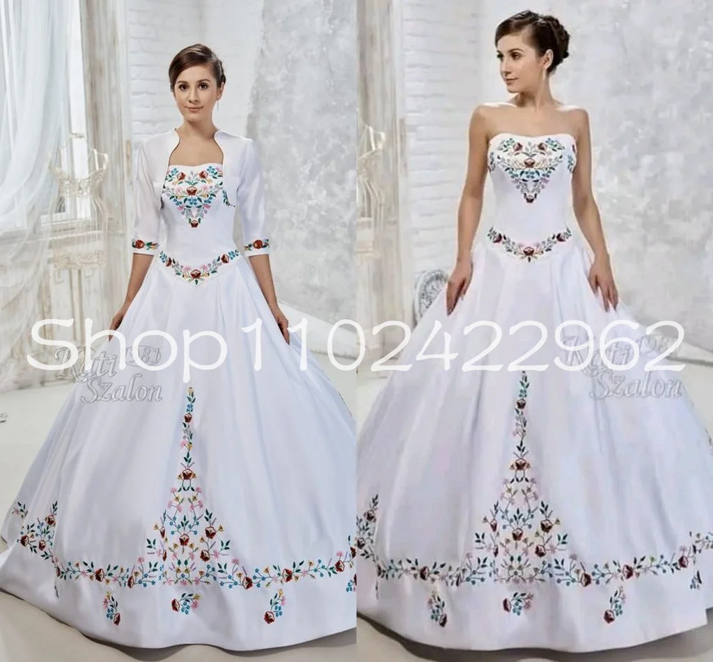 Matte Stain National Wedding Dresses with Bolero Strapless Kalocsa Embroidery Puffy Skirt Outdoor Country Bridal Gown