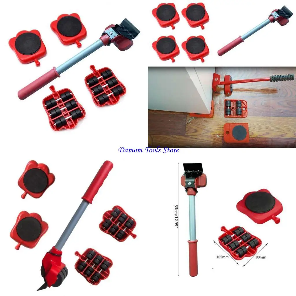 

57BE Furniture Mover Tool Set Heavy Stuffs Transport Lifter 4 Wheeled Mover Roller with Wheel Bar Moving Device
