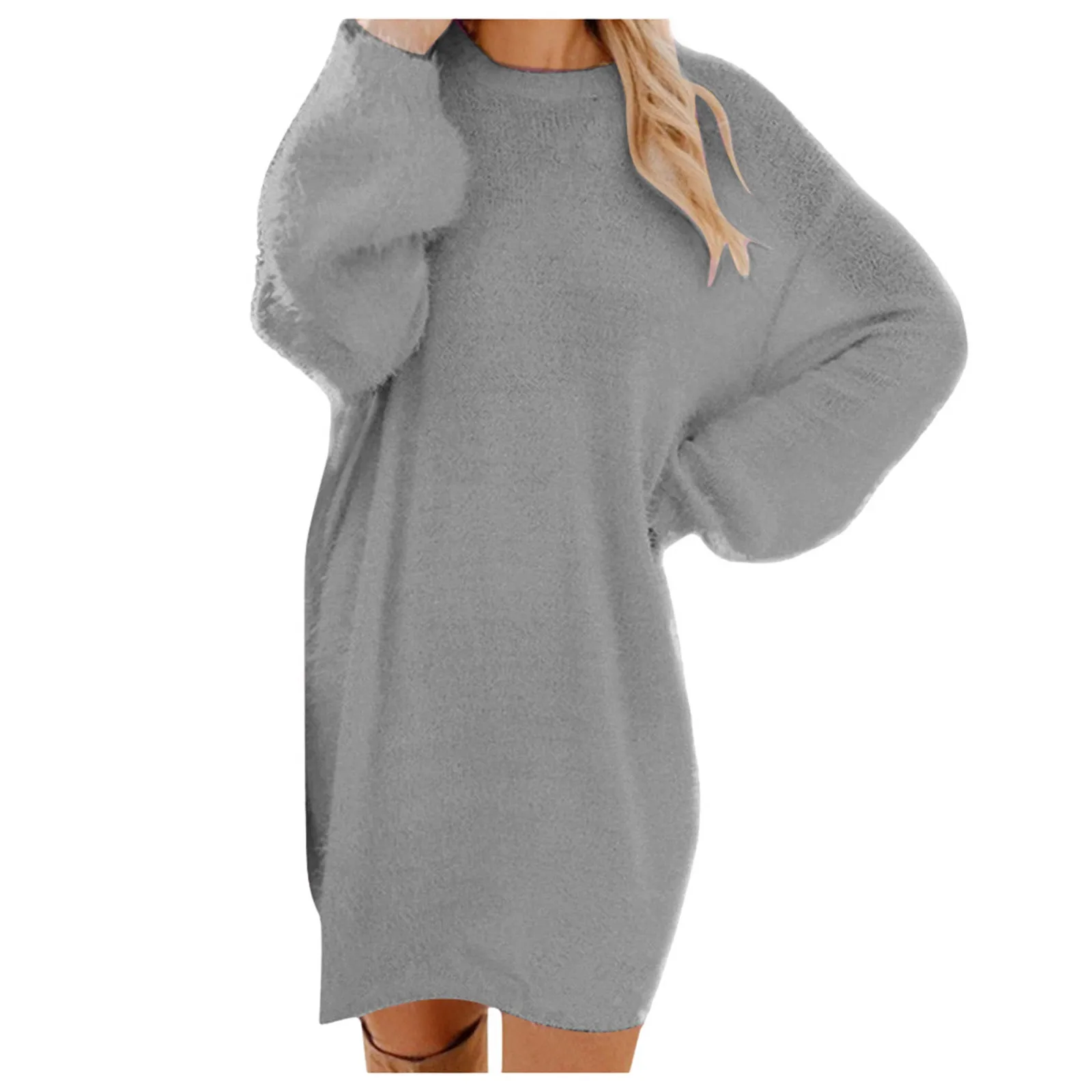 Winter Warm Women Sweater Dress 2025 New Knitted Long Sleeve Loose Crew Neck Versatile Pullover Sweater Dress Furry Tops