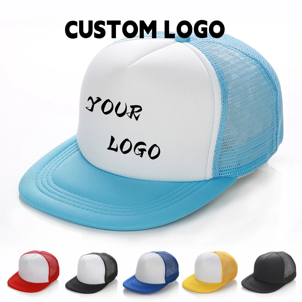 Summer Custom Logo Mesh Hats Men's Flat Brim Trucker Hat Cheap Breathable Adjustable Baseball Cap Women Outdoor Snapback Sun Hat