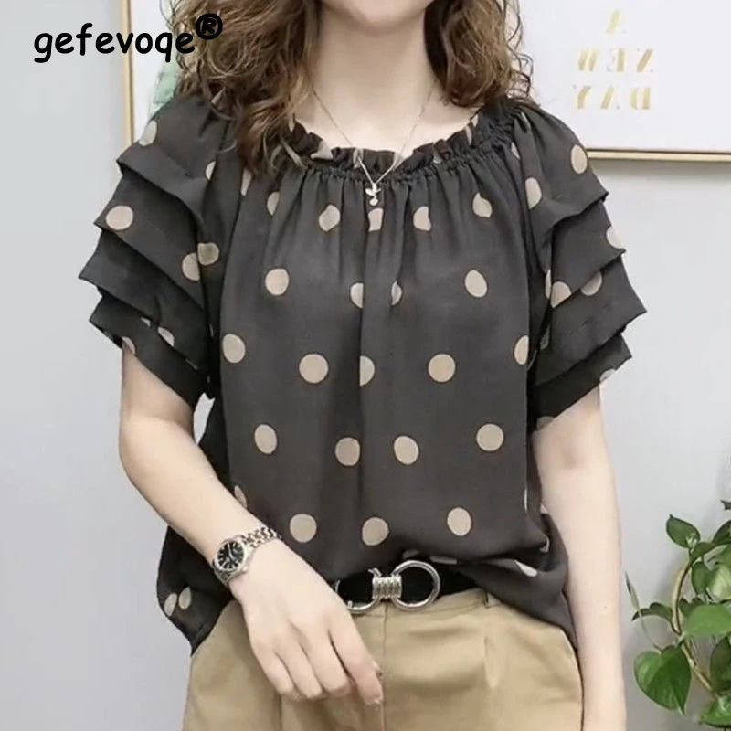 Vintage Ruffles O Neck Short Sleeve Print Fashion Chiffon Blouse Women Summer Casual Sweet Chic Shirts Loose Top Female Clothing