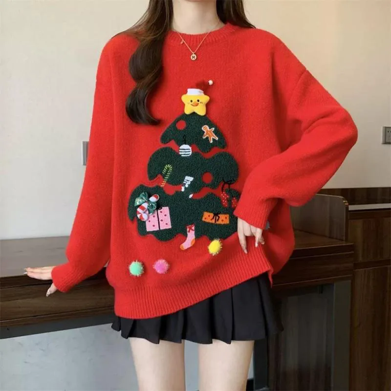 Autumn Winter New Year Women's Red Warrobe Sweater Skirt Set Two Pieces Sweet Sle Loose Fit Long Sve round Ne Sweater