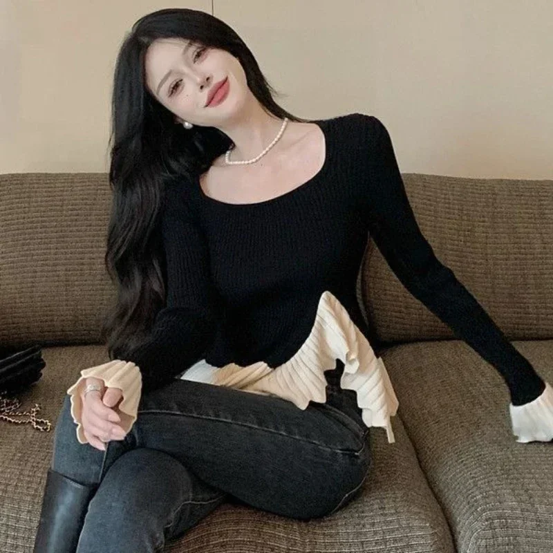 Women's Sweater Square Neck Pullovers Knit Tops for Woman Crop Short Sale Trend 2024 Long Sleeve Jumper Modern Aesthetic Clothes