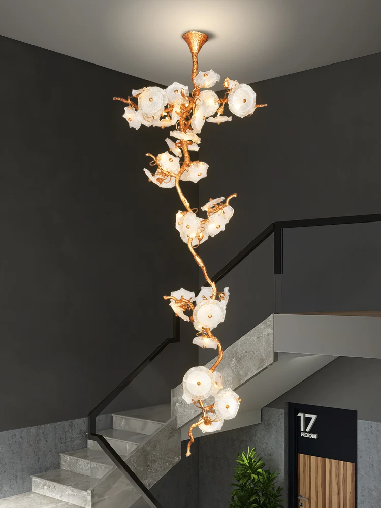 Retro Lotus Leaf Staircase Long Chandelier Light Luxury Creative Nordic High-Rise Crystal Duplex Villa Living Room Chandelier