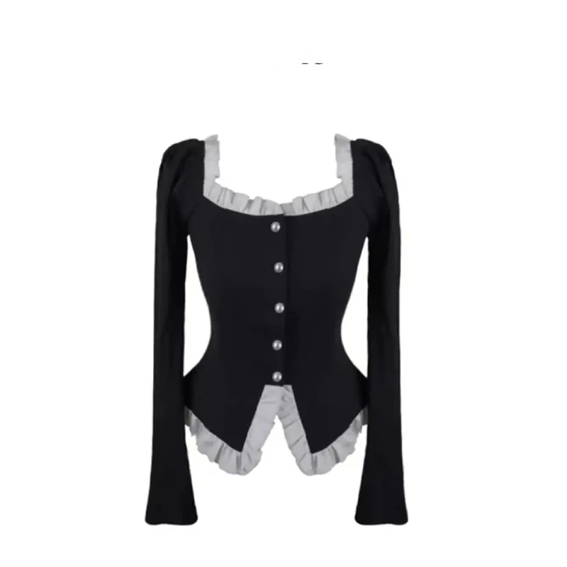 

All-match two-piece bottoming shirt irregular lace square collar long sleeve button shirt women's autumn