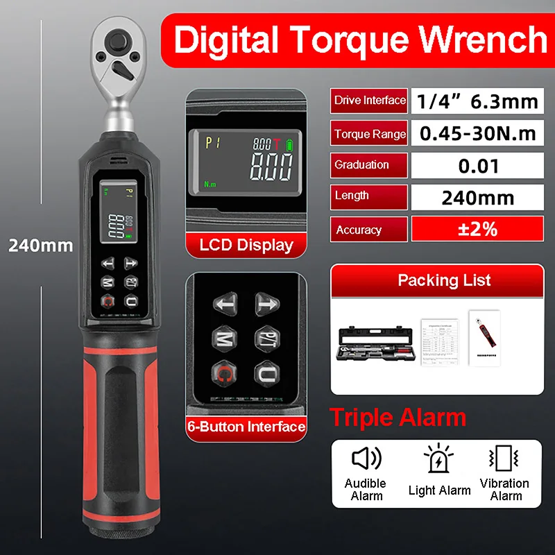 

1/4" 0.45-30N.m Digital Torque Wrench High-Precision Triple Alarm Torque Wrench for Bike Motorcycles Automotive Wrench Hand Tool