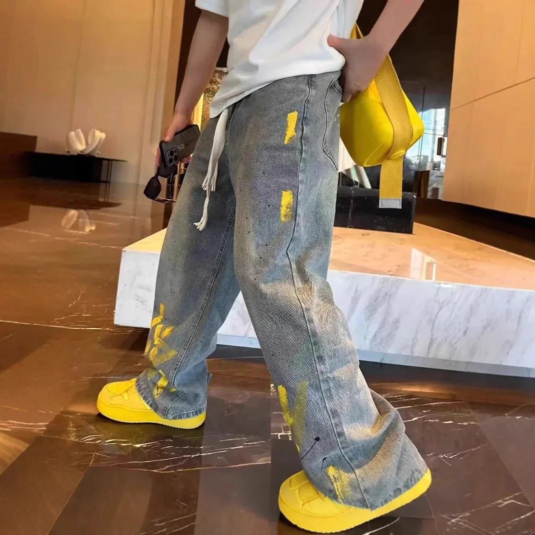 Jeans Washed Distressed Straight-leg Pants Hand-painted Inkjet Printing Stylish Versatile Spring Autumn New Personality Loose