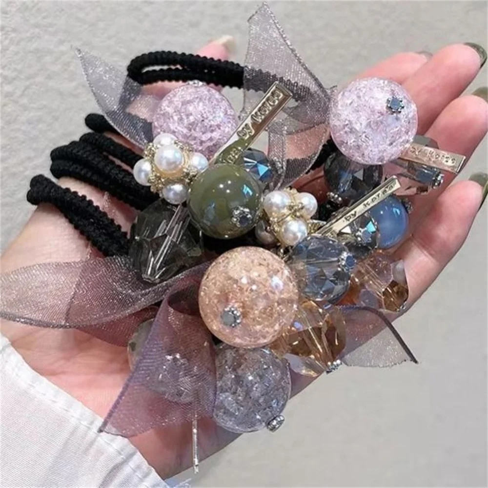 Elastic Hair Bands Hair Tie For Women Girl Acrylic Crystal Beads Bow knot Korean Hair Accessories Handmade Head Bands