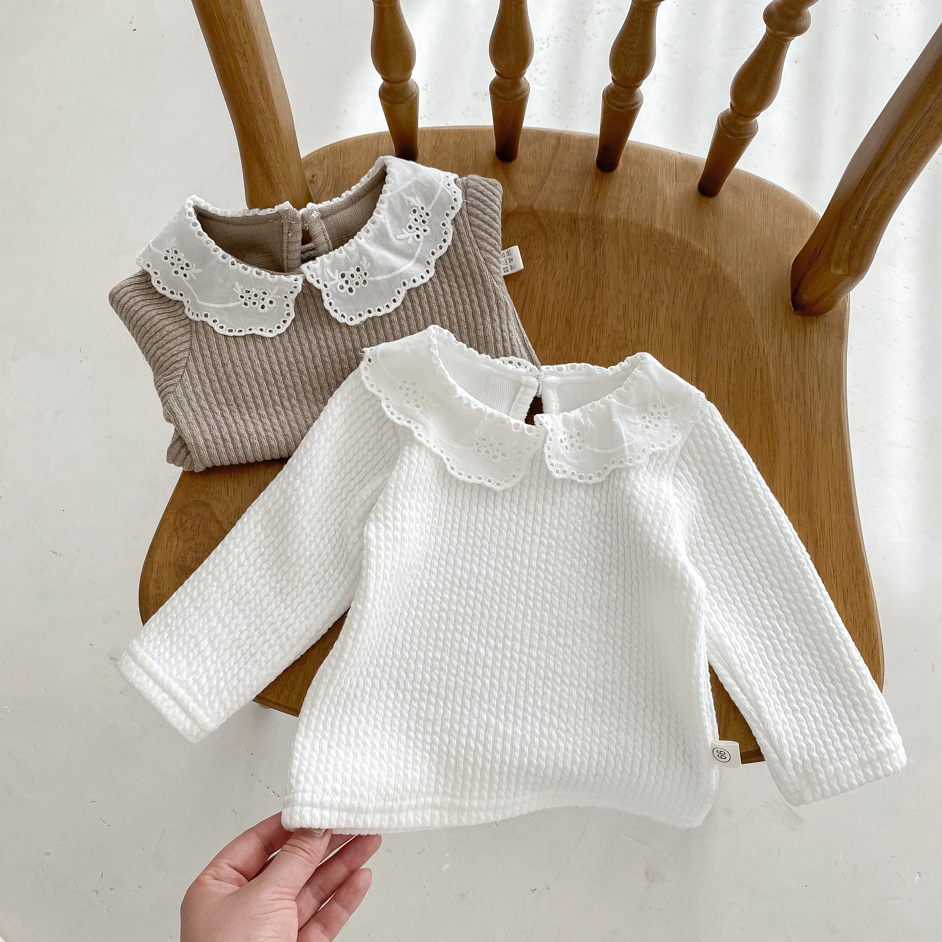 Korean Baby Girls Long Sleeves Shirt Thick Cotton Lace Collar Baby Top Children Clothes 0-24Months
